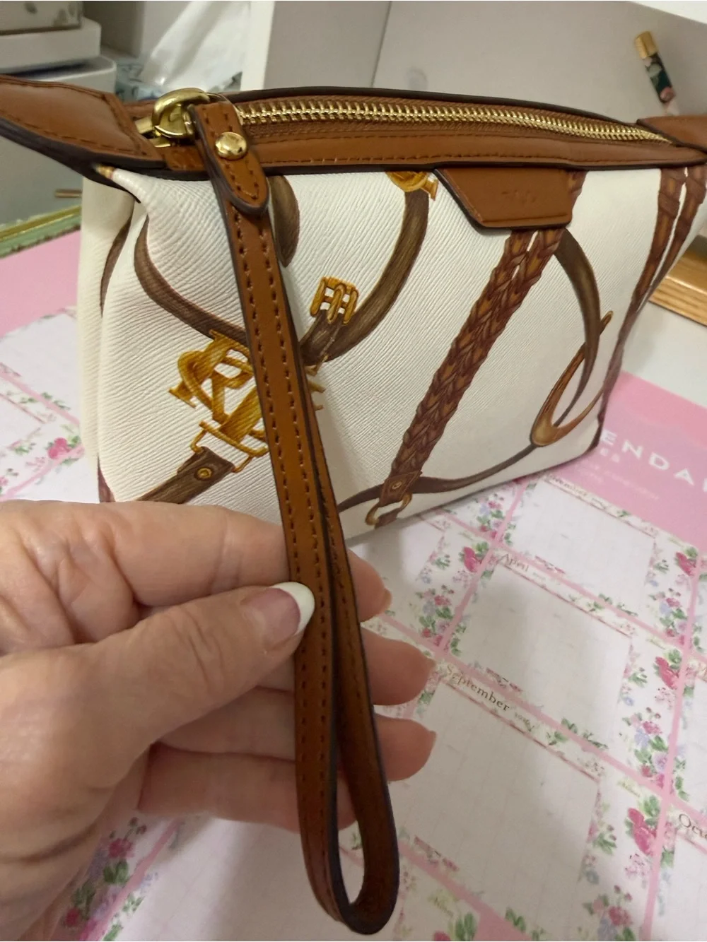 Vintage Ralph Lauren Cream and Brown Women's Cosmetic Wristlet